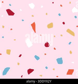 Un vivace e divertente design in stile terrazzo con patatine irregolari nei colori primari come rosso intenso, arancione brillante, giallo solare e blu chiaro Illustrazione Vettoriale