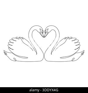 Disegno minimalista a linea continua di due eleganti cigni che si affacciano l'un l'altro con il collo a formare una forma di cuore, simboleggiando l'amore, l'unità e l'eterno Illustrazione Vettoriale