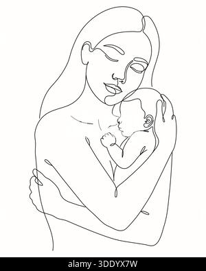 Una tenera illustrazione a linee che mostra una madre che abbraccia amorevolmente il suo neonato su uno sfondo bianco. Lo stile della linea continua cattura le loro Illustrazione Vettoriale