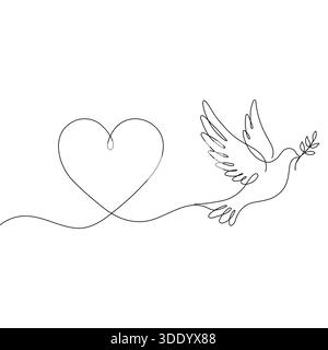 Un disegno minimalista a linea continua caratterizzato da una colomba volante con un ramo d'oliva collegato a un simbolo del cuore, che rappresenta l'armonia tra la pace Illustrazione Vettoriale
