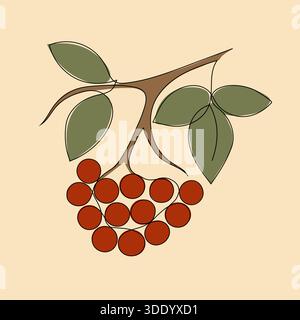 Un'affascinante ed elegante illustrazione vettoriale che raffigura un ramo di frutti di bosco e foglie di rowan, realizzata in un caratteristico stile artistico a una linea con un tocco Illustrazione Vettoriale