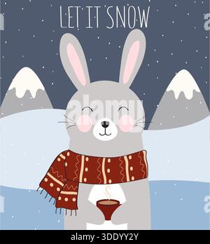 Adorabile coniglietto dei cartoni animati che indossa una festosa sciarpa rossa, regge una tazza fumante di cioccolata calda su uno sfondo verde innevato con il testo "Let IT Snow". Perfec Illustrazione Vettoriale