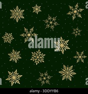 Un motivo vettoriale senza cuciture caratterizzato da una lussuosa gamma di intricati fiocchi di neve dorati e sottili puntini bianchi, sparsi su un profondo sfondo verde scuro Illustrazione Vettoriale