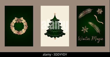 Un sofisticato set di tre carte natalizie e invernali con una corona dorata su verde scuro, un albero di Natale decorato su crema e oro Illustrazione Vettoriale