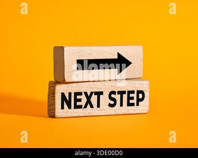 Blocchi di legno che mostrano IL PASSO SUCCESSIVO e una freccia, che simboleggiano il progresso, la strategia e lo sviluppo aziendale Foto Stock