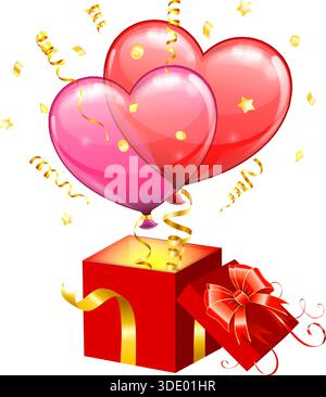 Concetto per San Valentino con palloncini cuori, decollo dalla confezione regalo con arco, isolato vettore su sfondo bianco Illustrazione Vettoriale