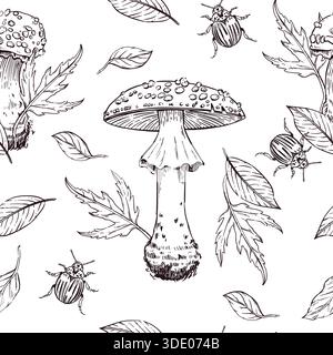 Modello vettoriale senza cuciture di agarica di mosca, foglie autunnali, coleotteri, ramoscelli di alberi. Tutti gli oggetti sono disegnati a mano in vettore. L'illustrazione è perfetta per Illustrazione Vettoriale