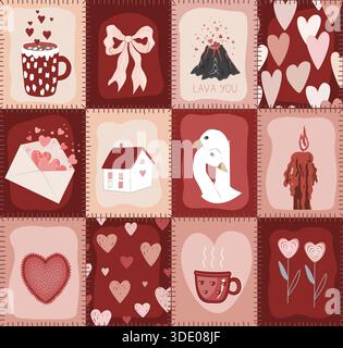 Motivo doodle senza cuciture con trapunta Patchwork di San Valentino. Design rustico e romantico con piumino. Sfondo vettoriale. Stampa geometrica a scacchi con Illustrazione Vettoriale