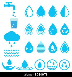 icone di acqua blu impostate su sfondo bianco. Illustrazione Vettoriale