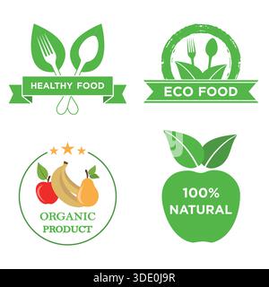 Icone del cibo sano. Elementi naturali del prodotto. Cibo fresco, biologico, senza glutine, 100% qualità premium, cibo sano Illustrazione Vettoriale