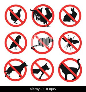 Serie di segnali per animali proibiti in un cerchio rosso barrato su sfondo bianco Illustrazione Vettoriale