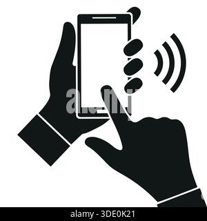 Mano che tiene lo smartphone nero, tocca lo schermo bianco vuoto. Utilizzo dello smartphone mobile su sfondo bianco Illustrazione Vettoriale