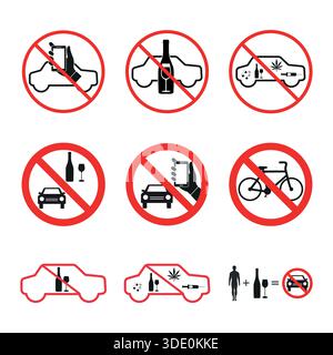 serie di illustrazioni di segni alcool proibito, droghe che guidano un'auto su sfondo bianco Illustrazione Vettoriale