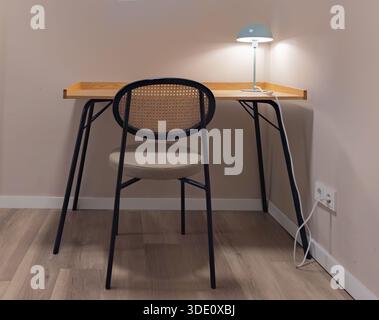 Scatto orizzontale grandangolare che mostra uno spazio di lavoro in legno pulito contro una parete neutra, con un'elegante lampada da scrivania e mobili ergonomici Foto Stock