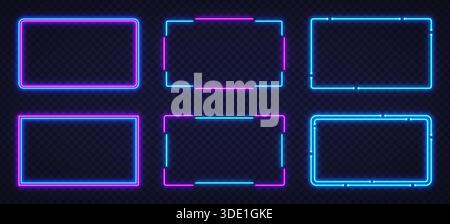 Collezione di cornici brillanti blu e rosa al neon su sfondo trasparente. Design futuristico in stile cyber, perfetto per banner, interfacce e tecnologia Illustrazione Vettoriale