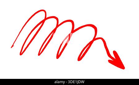 Freccia a spirale rossa disegnata a mano rivolta verso il basso a destra, isolata su sfondo bianco. Freccia di schizzo per evidenziare la nota, infografica o design creativo Foto Stock
