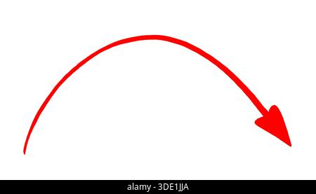 Freccia curva rossa disegnata a mano rivolta verso il basso a destra, isolata su sfondo bianco. Freccia di schizzo per evidenziare la nota, infografica o design creativo Foto Stock
