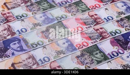 Moneta della Georgia, la valuta della georgia lari, banconote di vari tagli, transazioni finanziarie. Soldi georgiani, i lari come backgro finanziario Foto Stock