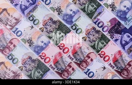 Moneta della Georgia, la valuta della georgia lari, banconote di vari tagli, transazioni finanziarie. Soldi georgiani, i lari come backgro finanziario Foto Stock