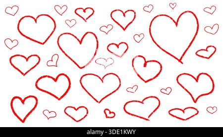Spiedini a cuore rossi disegnati a mano isolati su sfondo bianco, cuori stilizzati per decorare note, messaggi, loghi, disegni, semplici disegnati a mano Foto Stock