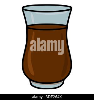 Una semplice illustrazione vettoriale piatta di un bicchiere riempito con liquido marrone scuro, possibilmente tè o tè, con bordo azzurro e sfondo bianco. Illustrazione Vettoriale