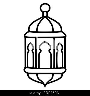 Un'illustrazione vettoriale minimalista della linea nera di una tradizionale lanterna islamica con una parte superiore arrotondata e intricati pannelli ad arco, adatta per le vacanze Illustrazione Vettoriale