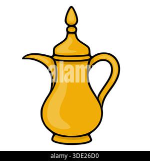 Una semplice e pulita illustrazione vettoriale di una tradizionale teiera Dallah dorata con un contorno nero, isolata su sfondo bianco. Illustrazione Vettoriale