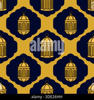 Motivo vettoriale senza cuciture con lanterne islamiche dorate su sfondo blu scuro e ocra con cornici ornate. Illustrazione Vettoriale
