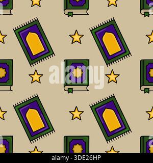 Motivo vettoriale senza cuciture con tappeti e stelle islamici, realizzati in un affascinante stile di illustrazione piatto con uno sfondo caldo e neutro. Illustrazione Vettoriale
