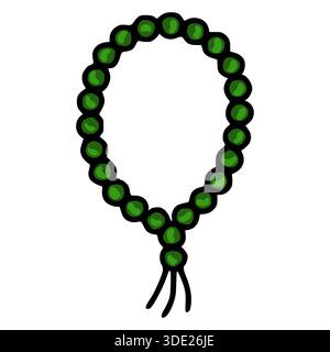Una semplice illustrazione vettoriale stilizzata di perline di preghiera verdi con un contorno nero e una nappina, adatta a scopi religiosi o decorativi. Illustrazione Vettoriale