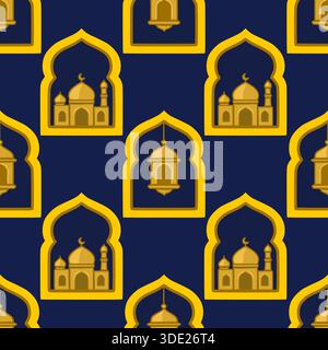Motivo vettoriale senza cuciture caratterizzato da architettura islamica dorata e lanterne su un profondo sfondo blu navy, che evoca un senso di sacra celebrazione. Illustrazione Vettoriale