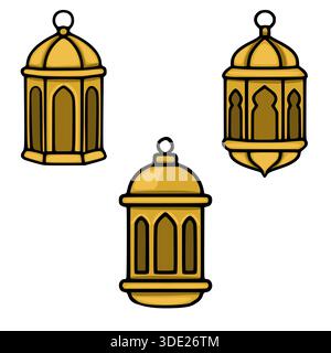 Collezione di tre lanterne dorate in stile islamico con dettagli ad arco, presentate come una grafica vettoriale per uso decorativo. Illustrazione Vettoriale