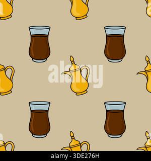Motivo vettoriale senza cuciture caratterizzato da tradizionali vasi e tazze da tè mediorientali, che evocano un senso di ospitalità culturale e calore. Illustrazione Vettoriale