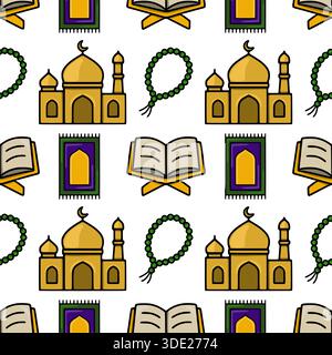 Motivo vettoriale senza cuciture con simboli religiosi islamici come moschee, tappeti di preghiera e il Corano, reso in un affascinante stile di cartoni animati piatto con una Illustrazione Vettoriale