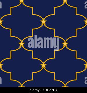 Motivo vettoriale senza cuciture con stelle dorate e sfondo blu scuro, caratterizzato da un motivo geometrico islamico. Illustrazione Vettoriale
