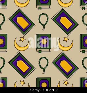 Modello vettoriale senza cuciture con tappeti di preghiera islamici, lune a mezzaluna con stelle e perline di preghiera su sfondo beige, perfetto per Ramadan ed Eid Illustrazione Vettoriale