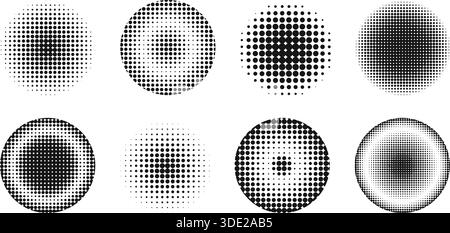 Set di telai rotondi e cerchi concentrici con trama a pois. Forme circolari con effetti visivi fumettistici a fumetti con rumore, mosaico o granulosità isolati su sfondo bianco. Illustrazione grafica vettoriale. Illustrazione Vettoriale