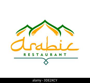 Icona del ristorante Arabo per la cucina Araba o cucina Araba tradizionale, segno vettoriale. Ristorante Arabo emblema della moschea musulmana verde, cupole masjid e lettere in stile Arabo per cibo halal orientale Illustrazione Vettoriale