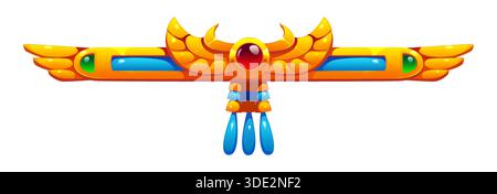 Ornamento antico, cornice del bordo del divisorio egiziano. Il simbolo dorato con ali spalmate e gioiello di scarabeo si illumina in tonalità ambra, blu e smeraldo. Decorazione di giochi di mitologia egiziana o fantasia Illustrazione Vettoriale