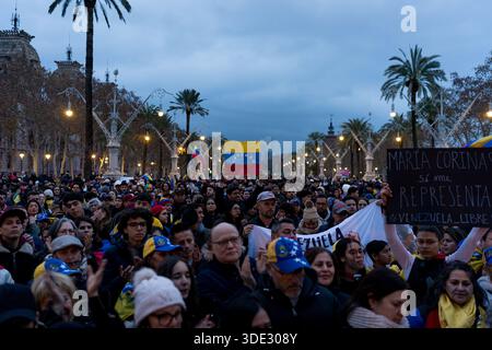 Barcellona, Spagna. 4 gennaio 2026. Una bandiera venezuelana è vista nella folla durante la dimostrazione. Centinaia di venezuelani e locali si sono riuniti sotto l'Arco il monumento Trionf per celebrare la caduta del presidente venezuelano Nicolas Maduro a seguito dell'intervento militare degli Stati Uniti a Caracas. Credito: SOPA Images Limited/Alamy Live News Foto Stock