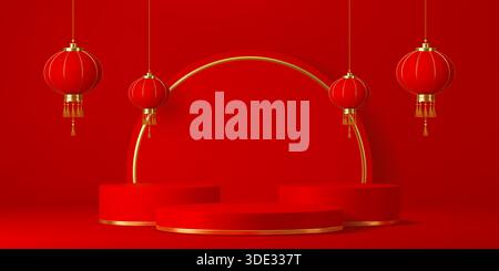 Palco del podio cinese rosso con tre palchi rotondi rivestiti in oro e pendenti lanterne cinesi sopra. Podio che circonda un arco dorato. 3d vettoriale rosso circolare tradizionale lunare asiatico podio di Capodanno Illustrazione Vettoriale