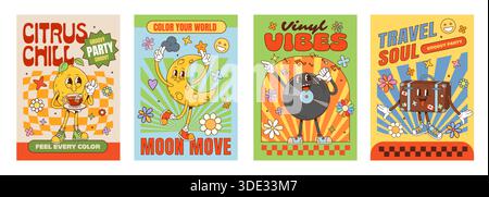 Personaggi da festa rétro poster di valigie da viaggio, simpatico limone con tè, luna crescente danzante, disco in vinile con microfono. discoteca e originali poster vintage Illustrazione Vettoriale