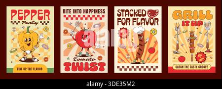 Poster retrò di carne e barbeque con personaggi hippie. Vector vintage food personalizza come pepe, pomodoro, salsiccia e spiedini in pose divertenti, circondati da utensili da cucina, verdure e fiori Illustrazione Vettoriale