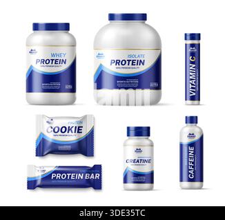 Mockup realistico del pacchetto di prodotti per la nutrizione sportiva. Vasetti vettoriali e bottiglie di proteine del siero di latte in polvere, vitamine ed energie, barretta proteica e bustina di biscotti. pacchetti di plastica 3d per nutrizione sportiva Illustrazione Vettoriale