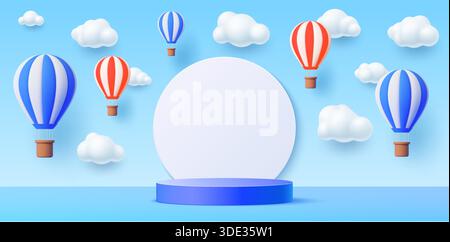 palcoscenico 3d per bambini con palloncini e nuvole. La graziosa piattaforma blu è circondata da divertenti palloncini rossi e blu che fluttuano nel cielo. Spazio di presentazione vettoriale per prodotti per neonati o decorazioni per la nursery Illustrazione Vettoriale
