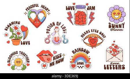 Valentine ama gli adesivi hippie y2k Groovy. Vettore cartoni animati affascinanti fiori retrò, arcobaleno, cuori e slogan dolci con pozione d'amore, marmellata, segno di pace a forma di cuore, lettera e margherite sorridenti Illustrazione Vettoriale