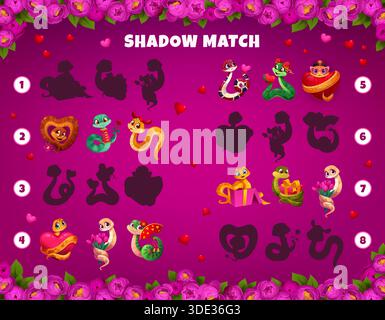 Foglio di lavoro del gioco Shadow Match con serpenti e fiori di San Valentino, quiz puzzle vettoriale. Trova e abbina l'ombra corretta dei personaggi dei cartoni animati con i cuori di San Valentino, il regalo di nozze e i fiori Illustrazione Vettoriale