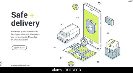 Immagine vettoriale del modello di design isometrico del banner Web dell'app mobile per il trasporto merci con consegna sicura. Spedizione merci servizio di tracciamento GPS protecti Illustrazione Vettoriale