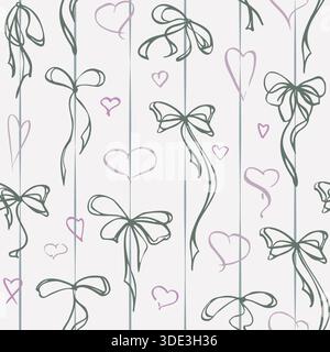Nastri legati a mano con lunghe estremità finali su strisce sottili, cuori a scarabocchiare. Illustrazione isolata con motivo senza cuciture disegnata a mano con inchiostro. Ideale per Illustrazione Vettoriale