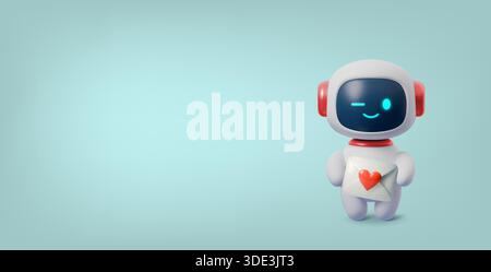 Simpatico personaggio robot 3D che tiene il cuore con amore. Mascotte AI chatbot per San Valentino. Illustrazione dei bot tecnologici con espressioni adorabili e. Illustrazione Vettoriale